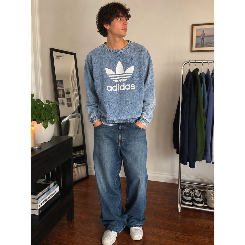 Rare Adidas Originals Acid Wash Denim Look Trefoil Sweatshirt XL